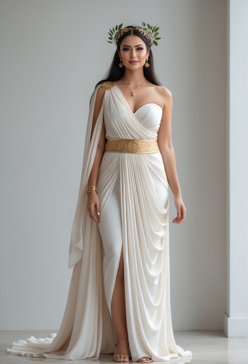 A woman wearing a flowing draped gown and a laurel wreath headpiece, posing alone against a plain background.