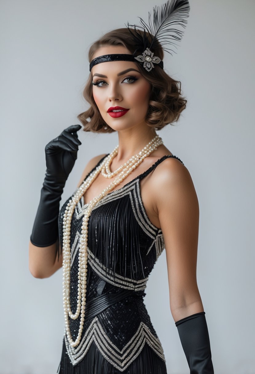 A woman wearing a detailed 1920s flapper costume poses alone against a plain background.