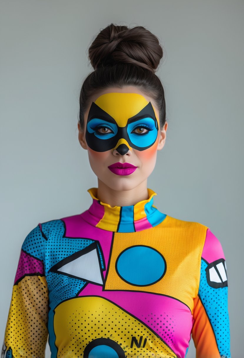 A woman wearing a colorful Halloween costume with bold makeup and comic book style patterns, standing confidently against a plain background.