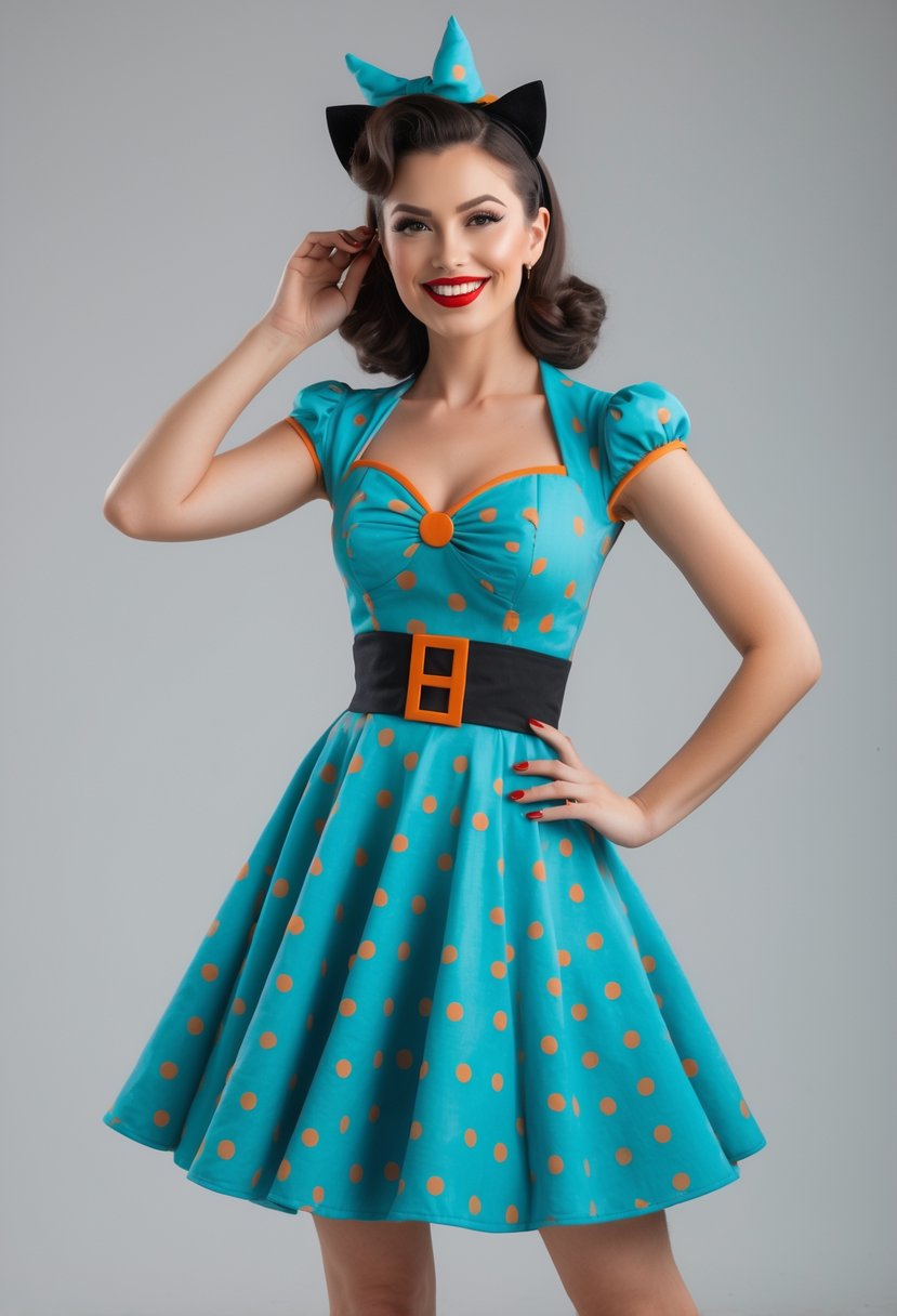 A woman dressed in a vintage pin-up style Halloween costume posing confidently against a plain background.