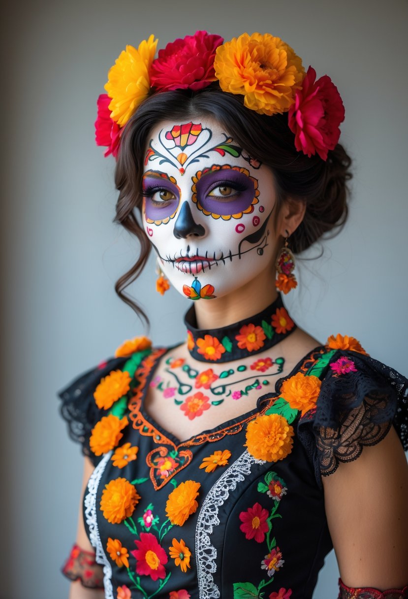 A woman dressed in a colorful Day of the Dead sugar skull costume with detailed face paint and a floral dress, standing alone against a simple background.