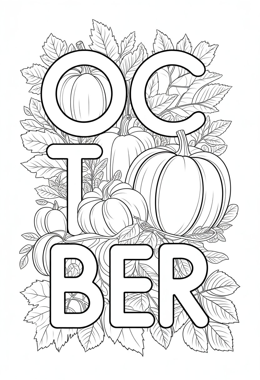 Printable October Coloring Pages For Adults Featuring 12 Unique Designs 15 An illustration of the word October surrounded by pumpkins and autumn leaves.