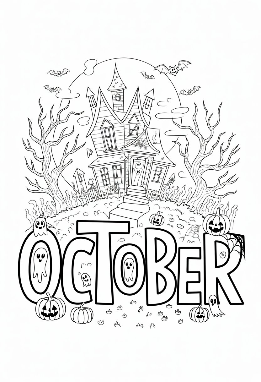 Printable October Coloring Pages For Adults Featuring 12 Unique Designs 16 A haunted house surrounded by leafless trees, bats flying, pumpkins, spider webs, and ghosts integrated around large letters forming the word October.