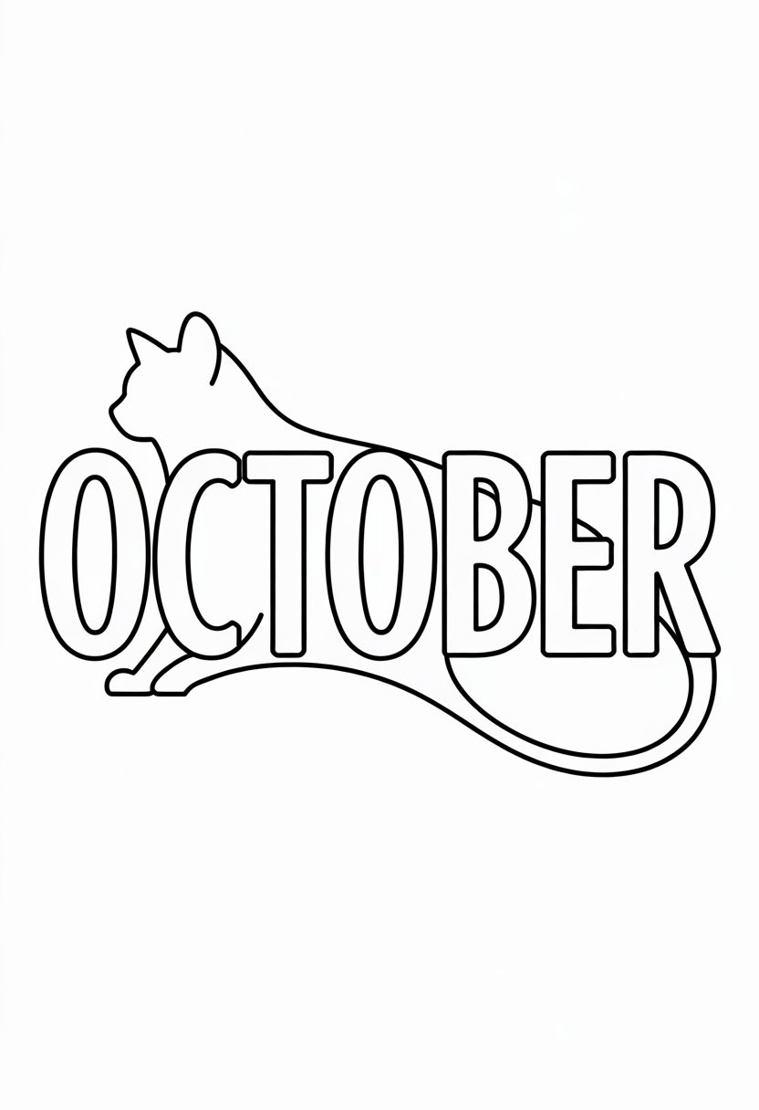 Printable October Coloring Pages For Adults Featuring 12 Unique Designs 19 Bold letters spelling October with a black cat silhouette integrated into the design.