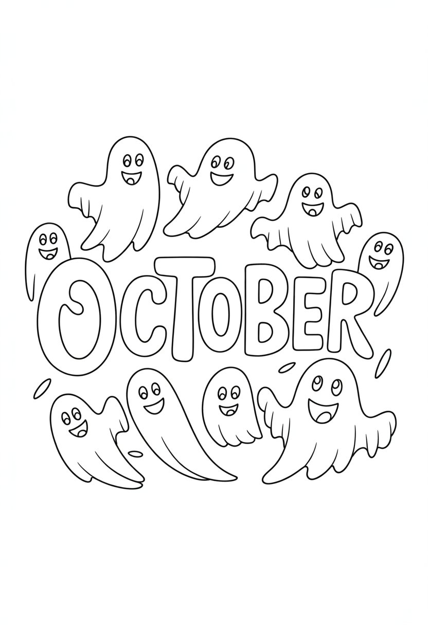 Printable October Coloring Pages For Adults Featuring 12 Unique Designs 20 A friendly ghost floating near large letters spelling October, surrounded by playful Halloween-themed elements.