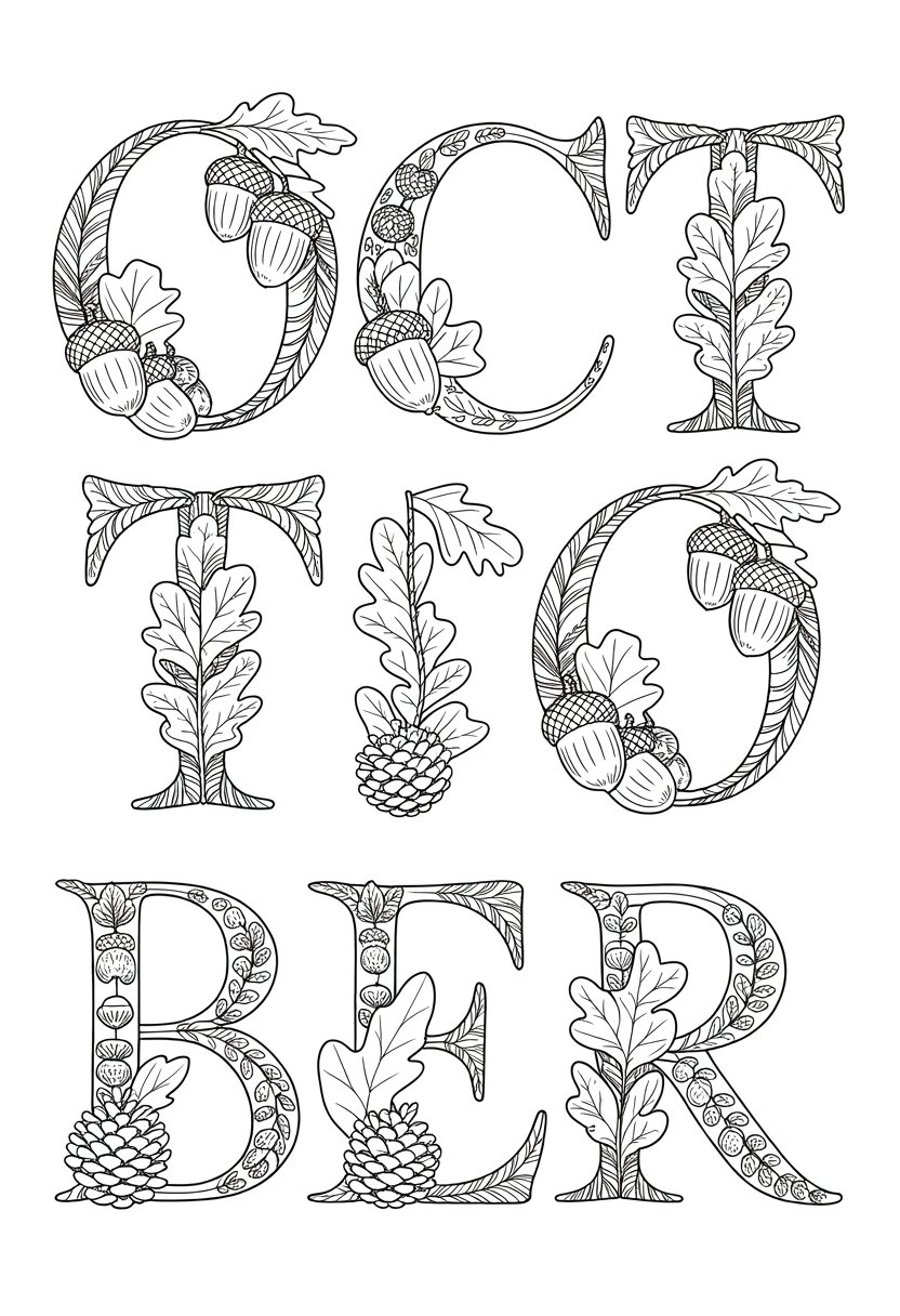 Printable October Coloring Pages For Adults Featuring 12 Unique Designs 21 The word October decorated with acorns, pinecones, and oak leaves arranged around the letters.