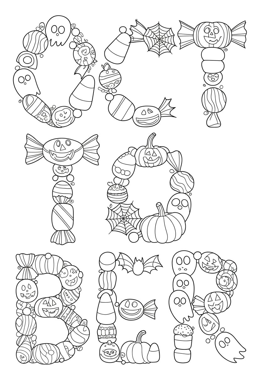 Printable October Coloring Pages For Adults Featuring 12 Unique Designs 22 The word OCTOBER decorated with Halloween candies, pumpkins, bats, spider webs, and ghosts in a playful arrangement.