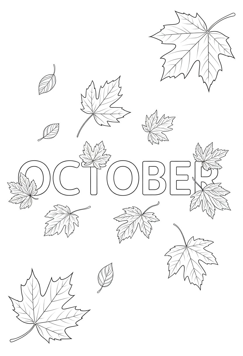 The word October surrounded by falling maple leaves.