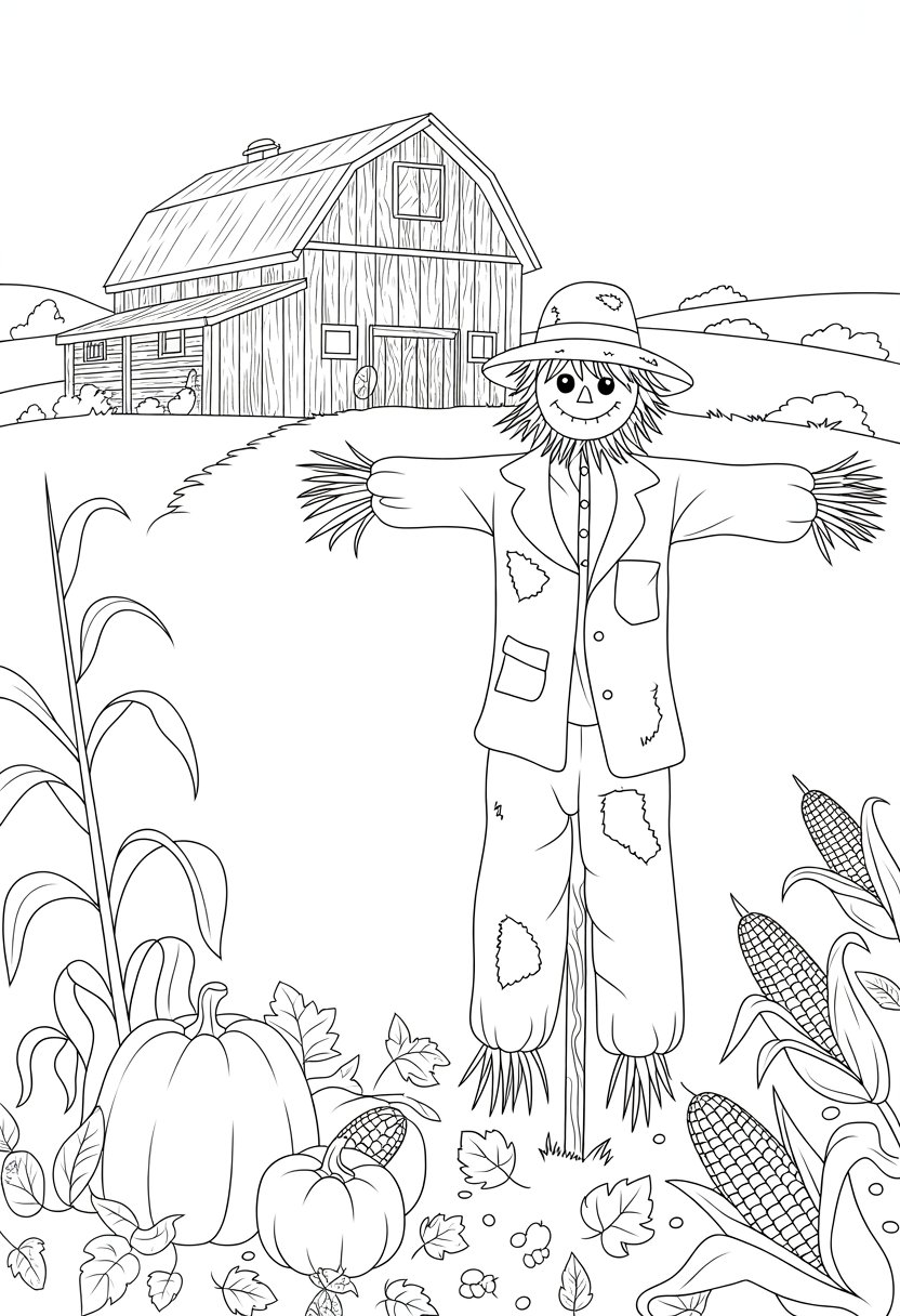 A wooden barn with a scarecrow standing in a field surrounded by pumpkins, fallen leaves, and cornstalks.