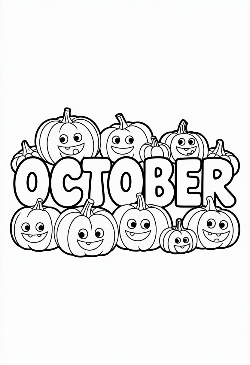Smiling pumpkins arranged around the word October with clear outlines and detailed features.