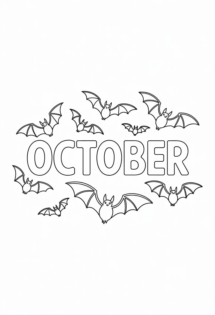 Printable October Coloring Pages For Adults Featuring 12 Unique Designs 26 The word October surrounded by several bats flying around it in a circular arrangement.