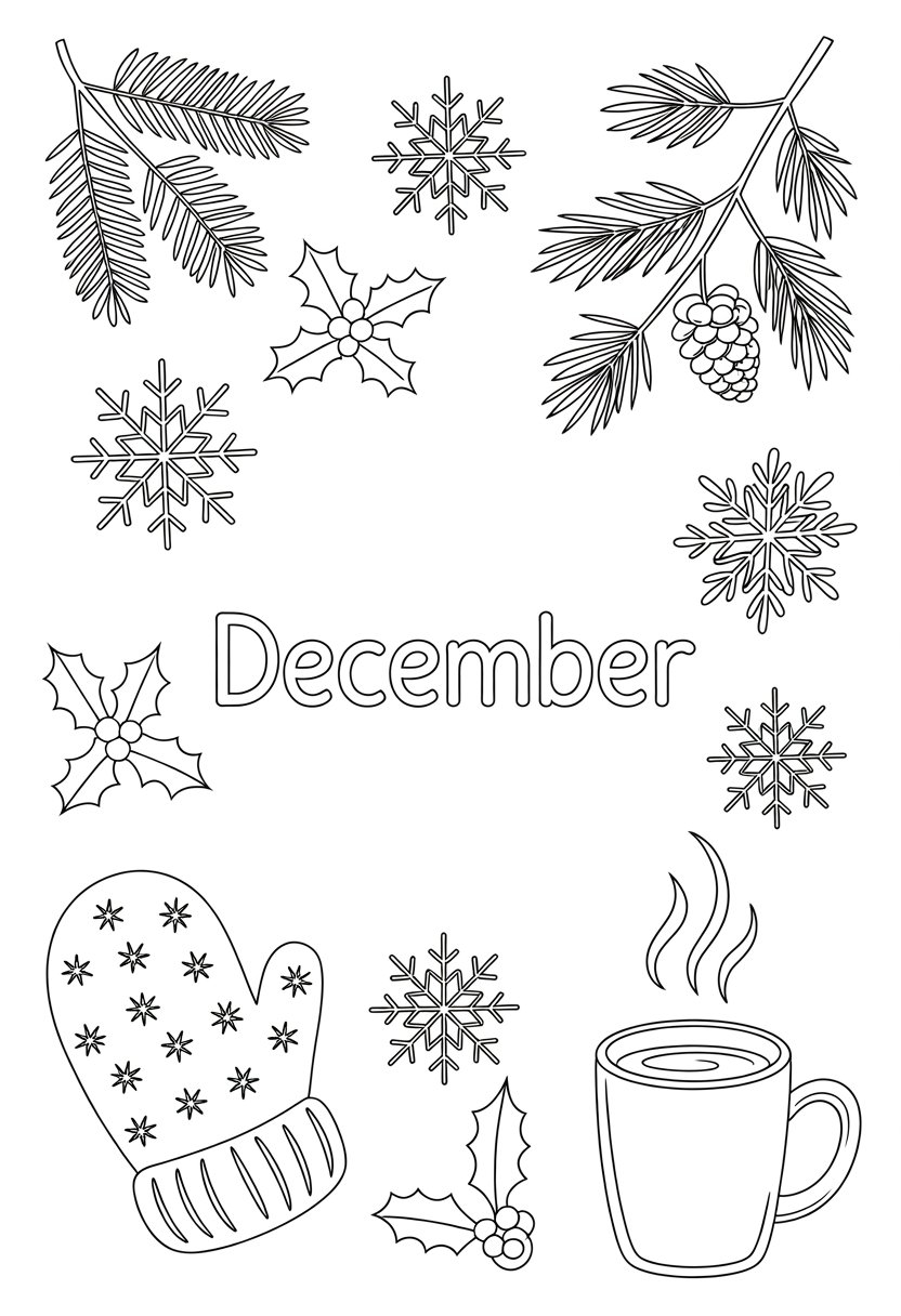 December Coloring Pages 12 Unique Free Printasble Designs 14 Winter-themed scene with snowflakes, pine branches, holly leaves with berries, a mitten, and a cup of hot cocoa arranged together.