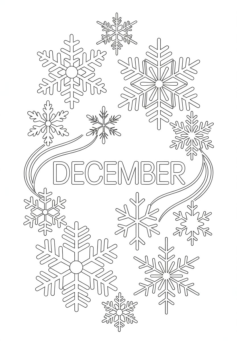 December Coloring Pages 12 Unique Free Printasble Designs 21 A collection of detailed snowflakes arranged in a circular pattern with an empty center.