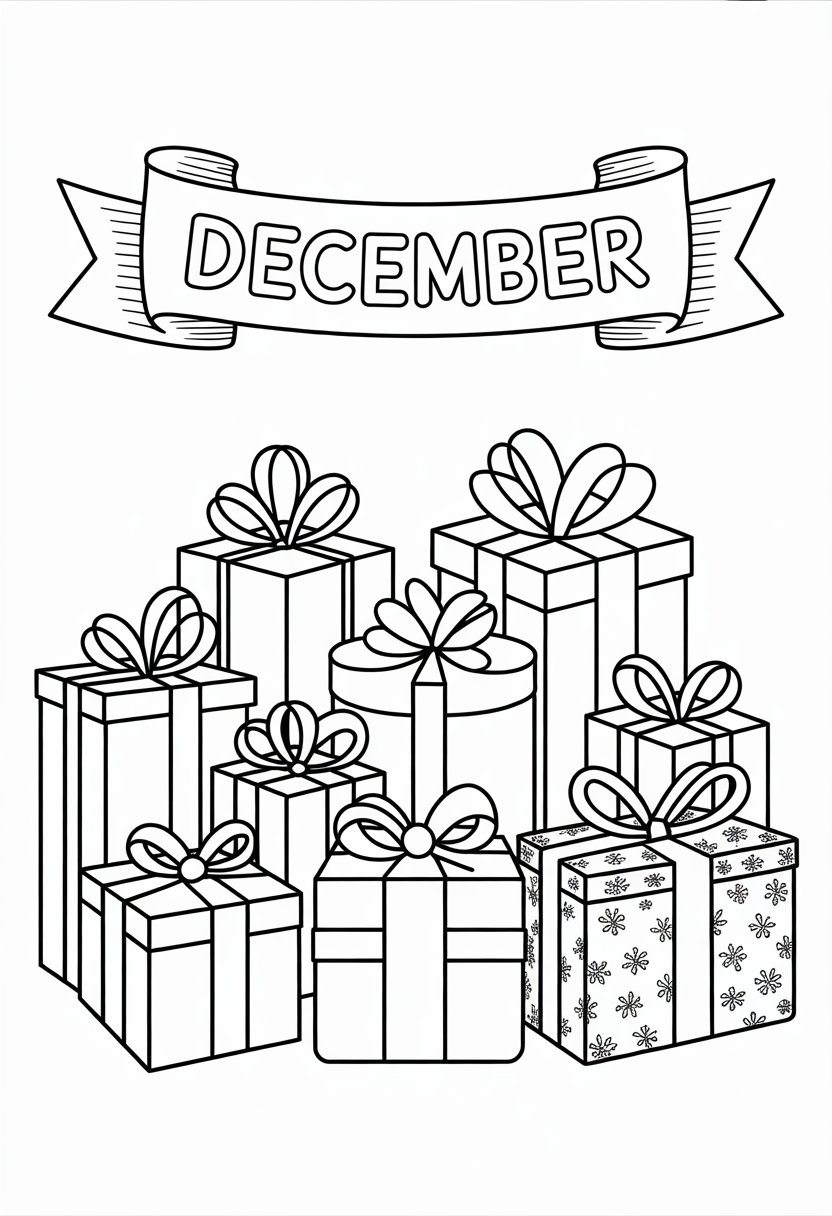 December Coloring Pages 12 Unique Free Printasble Designs 23 A collection of wrapped gifts with ribbons and bows arranged beneath a decorative banner.