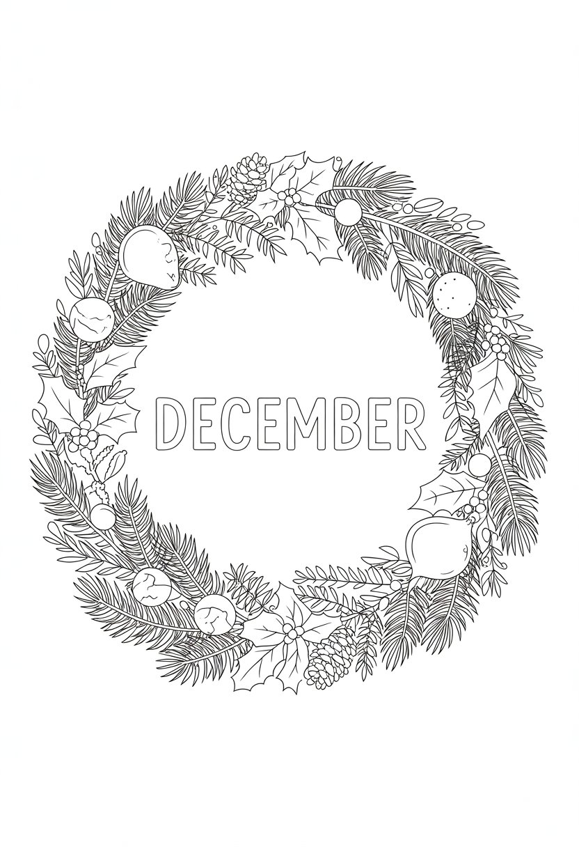 December Coloring Pages 12 Unique Free Printasble Designs 25 A circular festive wreath made of pine branches, holly leaves, berries, pinecones, and ornaments.