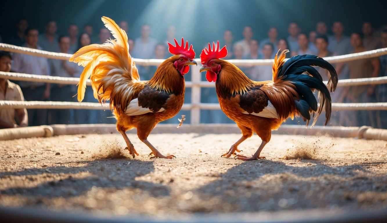 Dua ayam jago sedang bertarung sengit di arena sabung ayam dengan beberapa penonton yang memperhatikan dengan antusias.