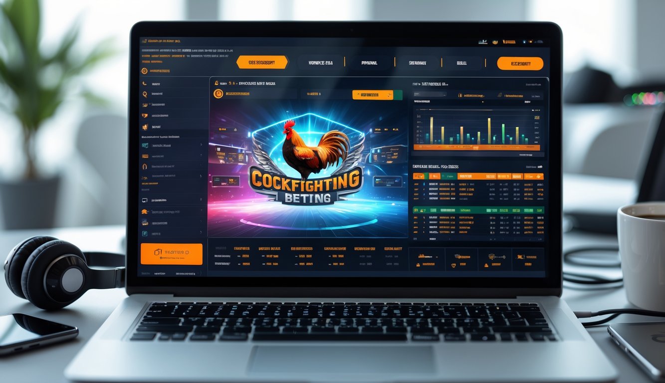 Seorang pria menggunakan komputer dengan layar menampilkan hasil taruhan sabung ayam secara real-time di sebuah meja kerja yang rapi.