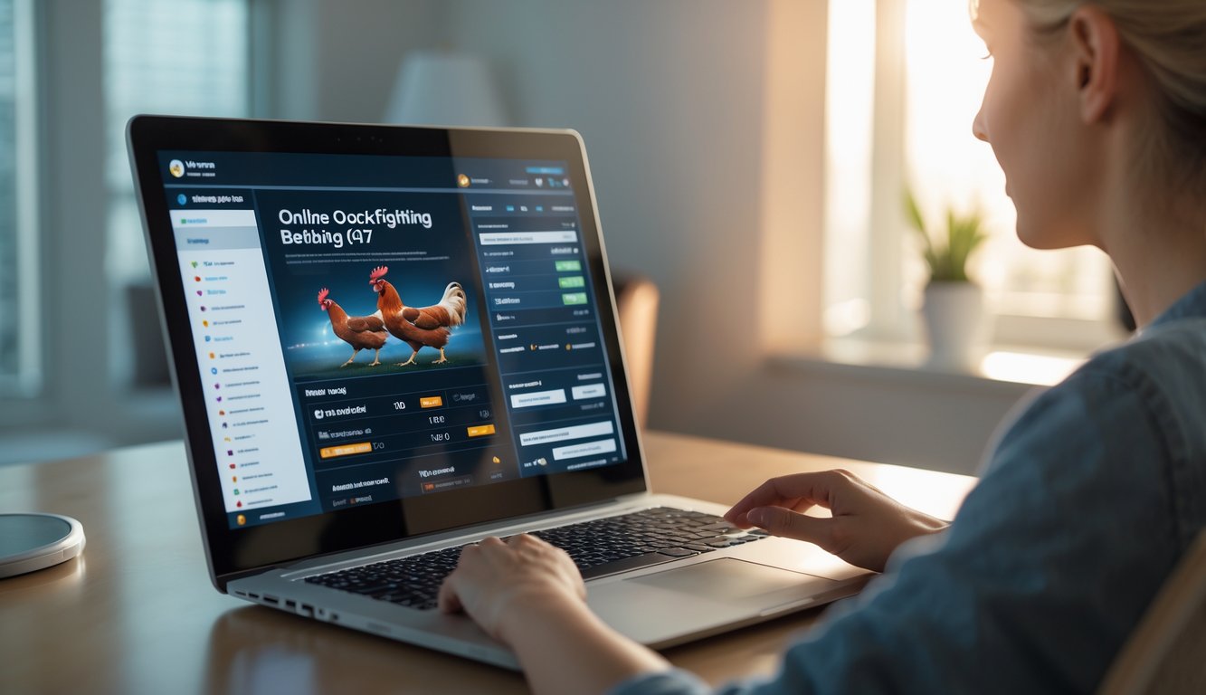 Seseorang duduk di meja dengan laptop yang menampilkan aktivitas online, di dalam ruangan yang nyaman dan terang.