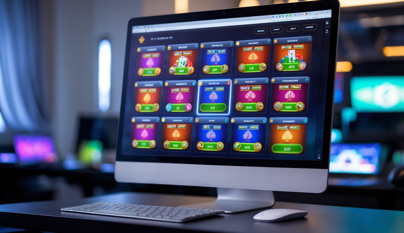 Layar komputer menampilkan berbagai jenis meja poker online dengan grafik kartu dan chip yang jelas.