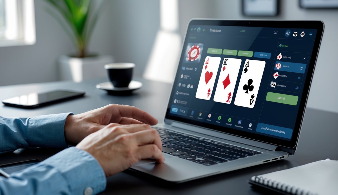 Seseorang bermain poker online menggunakan komputer dengan kartu poker digital di layar.