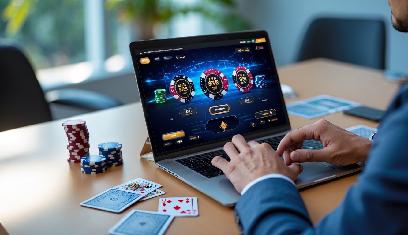 Seorang pengguna sedang bermain poker online di laptop dengan tumpukan chip poker dan kartu di meja.
