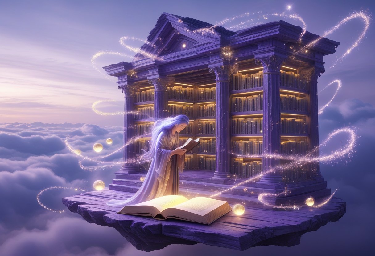 A glowing, floating library in the clouds with a robed figure reading a luminous book surrounded by floating lights and mist.