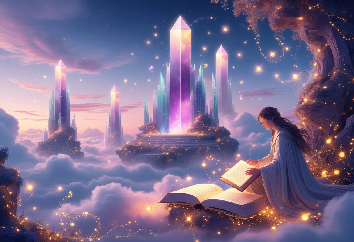 A glowing ancient library with tall crystal towers floating among clouds and stars, with a robed figure reading a glowing book in the foreground.