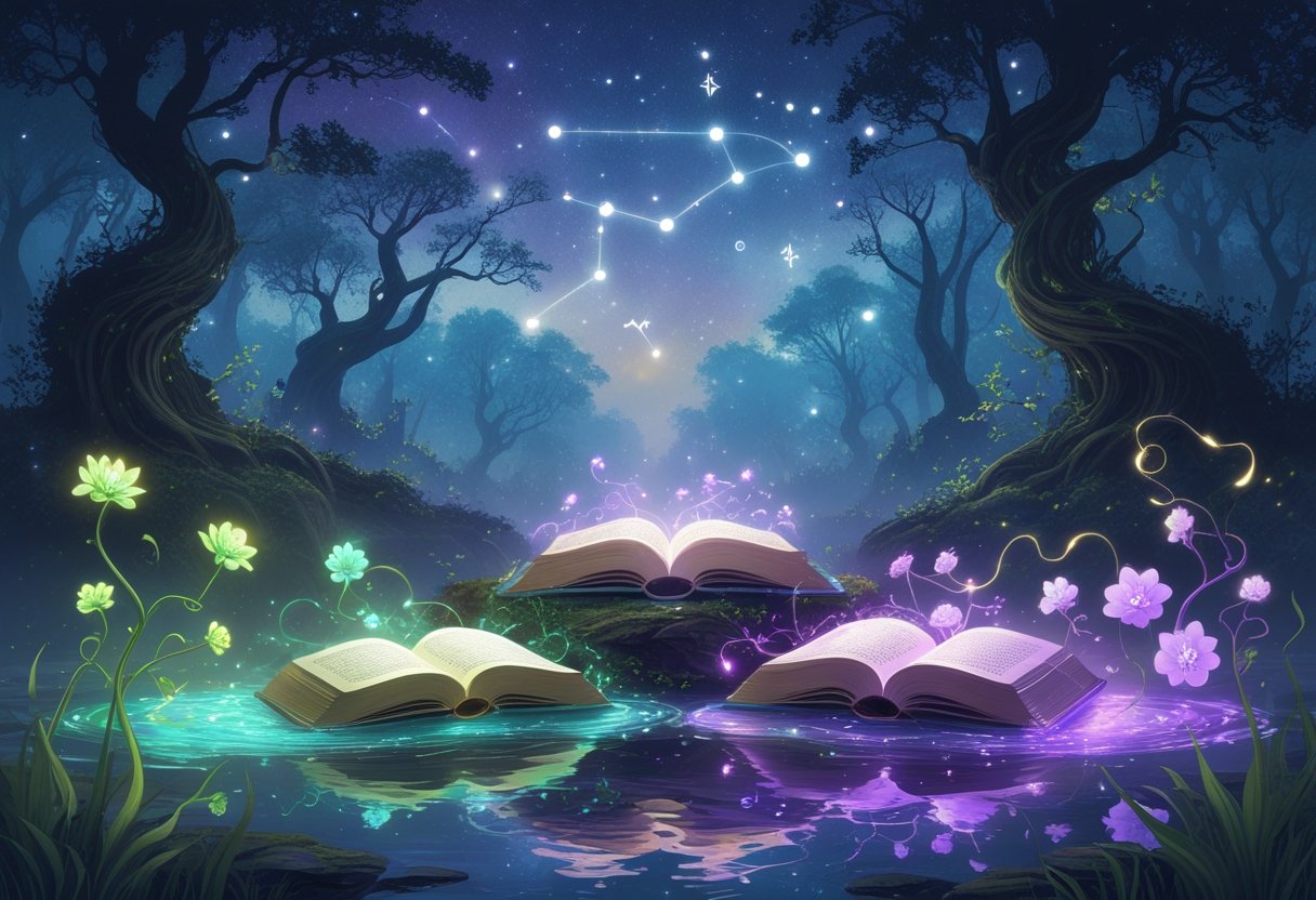 Three glowing books floating above a shimmering pool surrounded by luminous flowers and vines, set in an enchanted forest under a starry twilight sky.