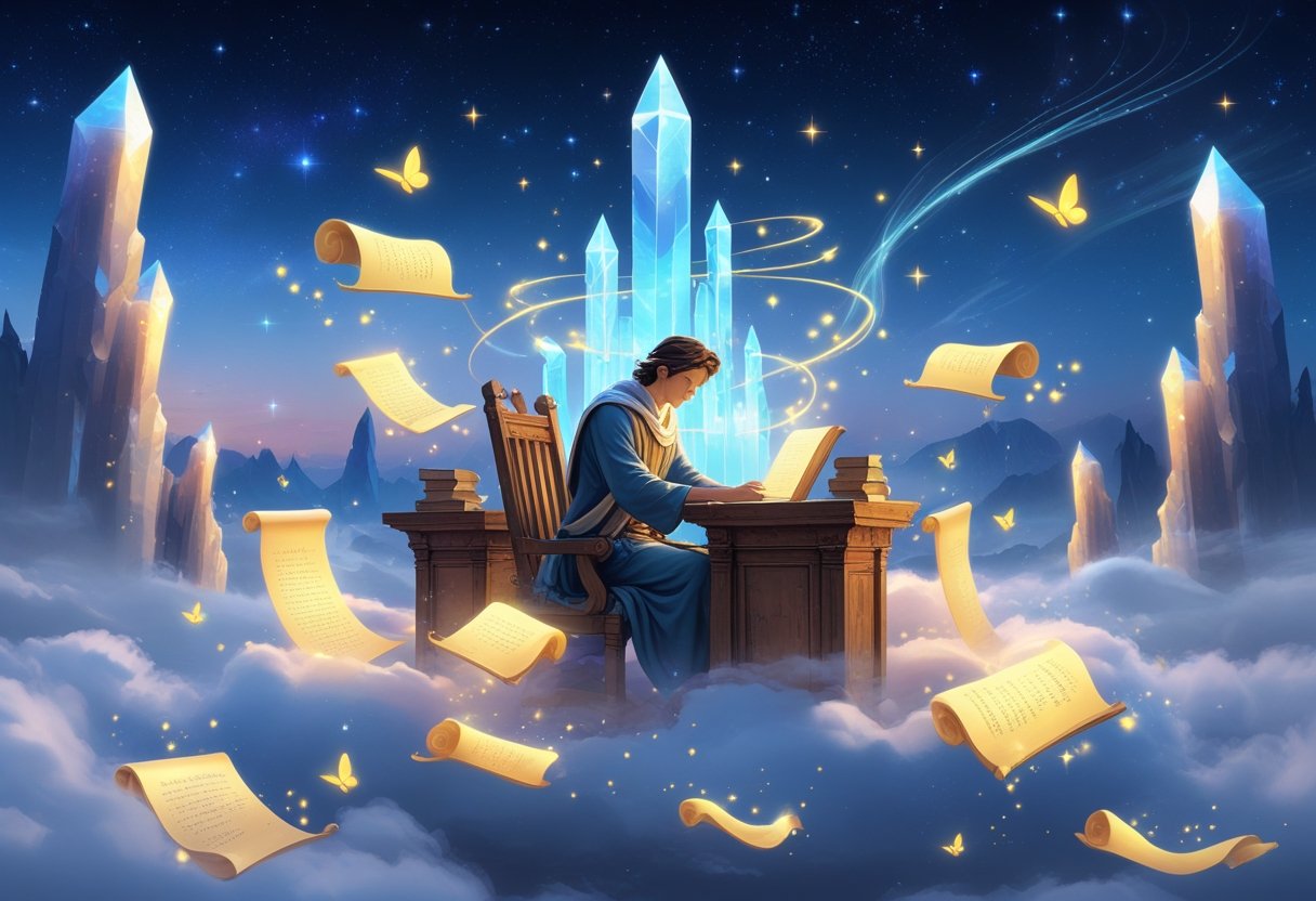 A scholar sits at a floating desk surrounded by glowing books and scrolls in a magical sky filled with stars and mist.