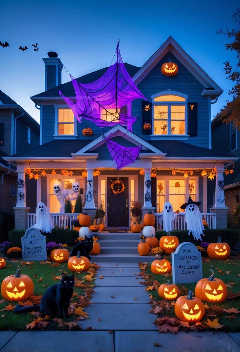 18 Halloween House Decorations To Transform Your Home This Spooky Season 2 A house decorated with various Halloween decorations including pumpkins, ghosts, skeletons, spider webs, and bats during twilight.