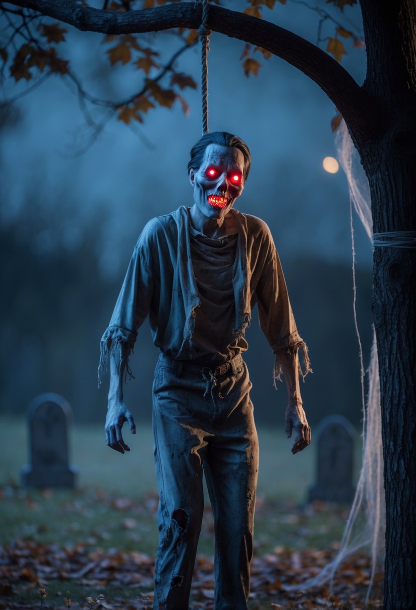 18 Halloween House Decorations To Transform Your Home This Spooky Season 3 A hanging dead body Halloween decoration with glowing red eyes hanging from a tree branch at night surrounded by fog and Halloween props.