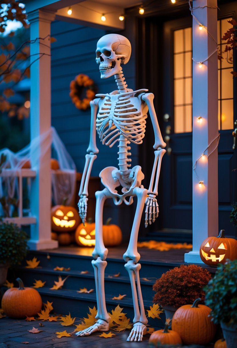 18 Halloween House Decorations To Transform Your Home This Spooky Season 4 A life-sized skeleton with movable joints standing near a decorated front porch with pumpkins and autumn leaves for Halloween.