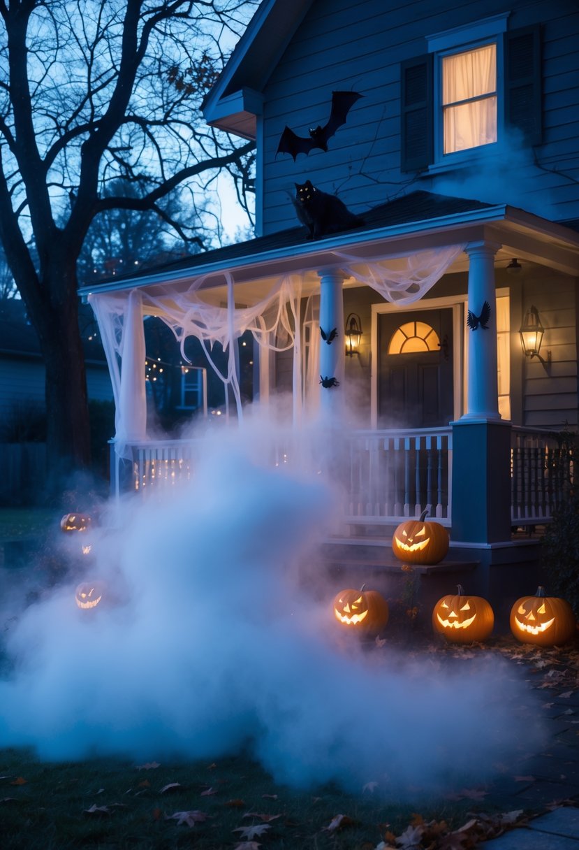 18 Halloween House Decorations To Transform Your Home This Spooky Season 5 A fog machine producing thick fog in front of a house decorated with pumpkins, cobwebs, and Halloween decorations at dusk.