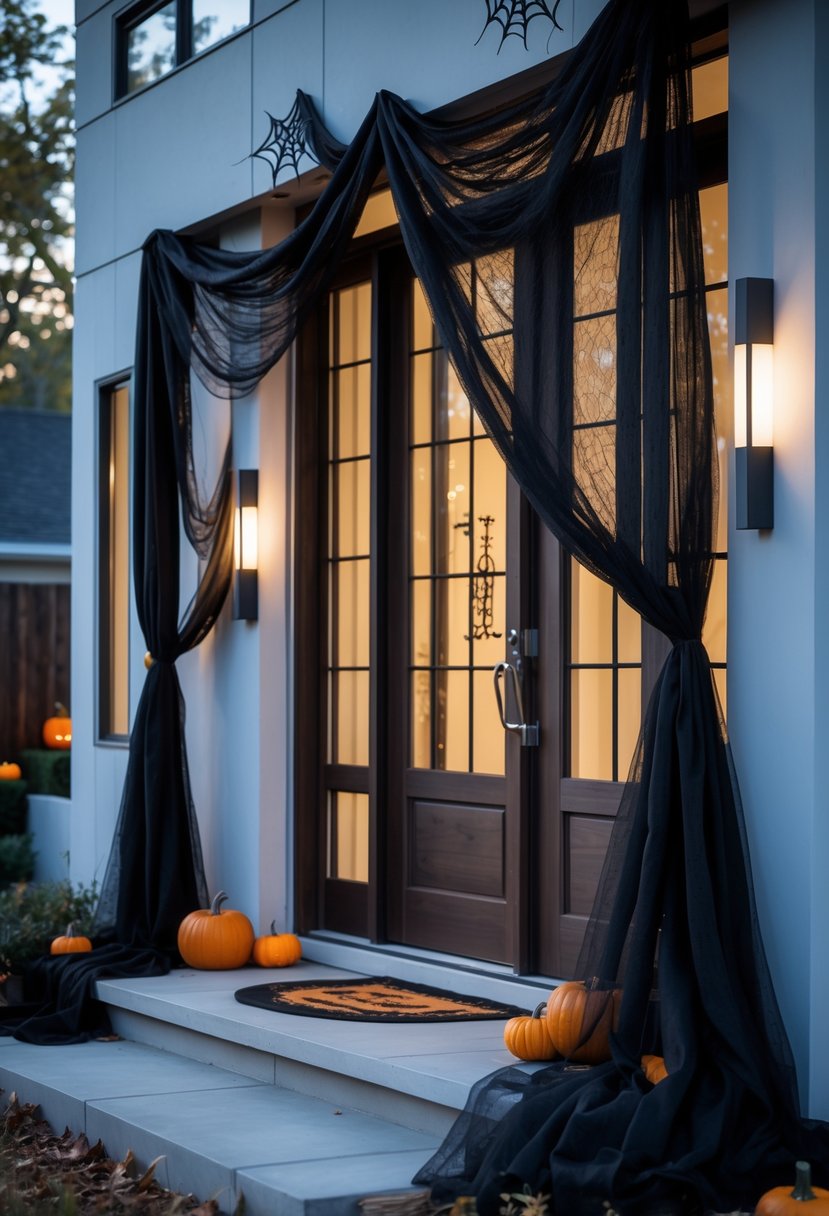 18 Halloween House Decorations To Transform Your Home This Spooky Season 6 A house entrance and windows decorated with black mesh drapery and Halloween decorations including pumpkins and cobwebs.
