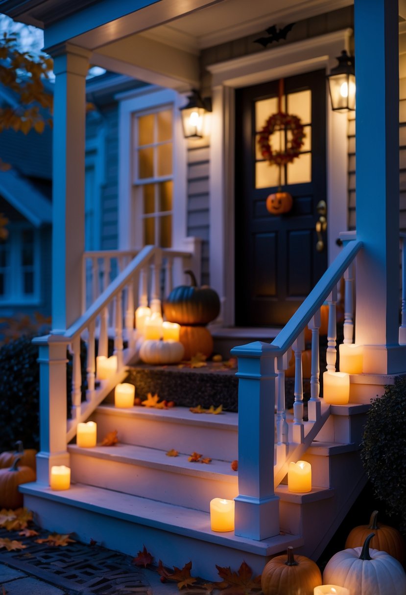 18 Halloween House Decorations To Transform Your Home This Spooky Season 7 Eighteen battery-operated flickering candle lights arranged as Halloween decorations on a house porch with pumpkins, autumn leaves, and cobwebs.