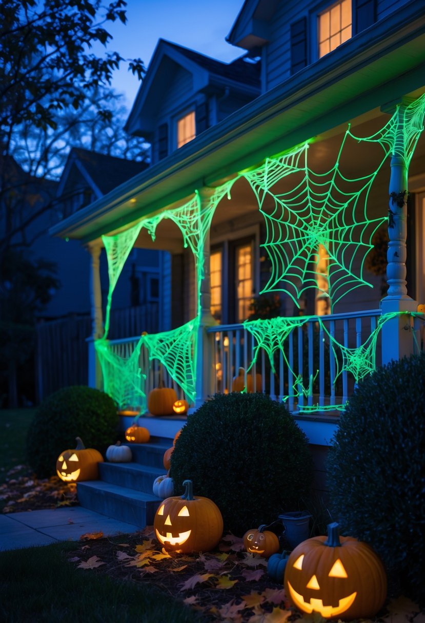 18 Halloween House Decorations To Transform Your Home This Spooky Season 8 A house decorated for Halloween at night with glowing spider webs on the porch and garden, surrounded by pumpkins and autumn leaves.