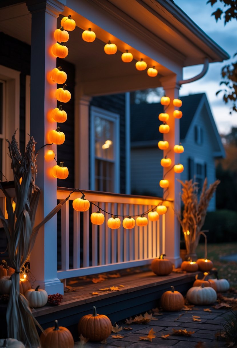18 Halloween House Decorations To Transform Your Home This Spooky Season 9 A string of glowing pumpkin lights hanging on a house porch decorated for Halloween with autumn leaves and gourds.