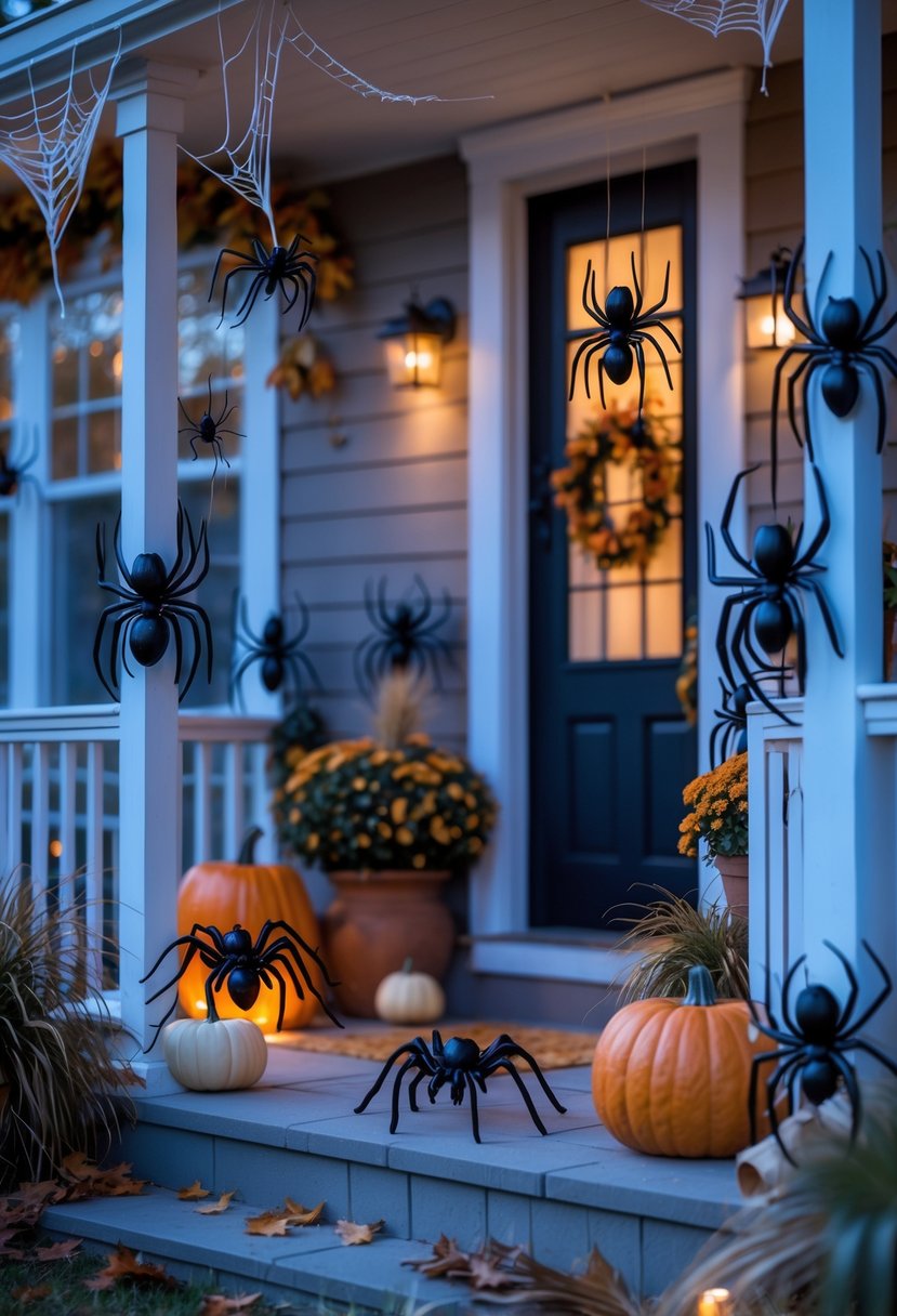 18 Halloween House Decorations To Transform Your Home This Spooky Season 10 A house exterior decorated with multiple realistic spider decorations for Halloween, surrounded by pumpkins, dry leaves, and cobwebs at dusk.