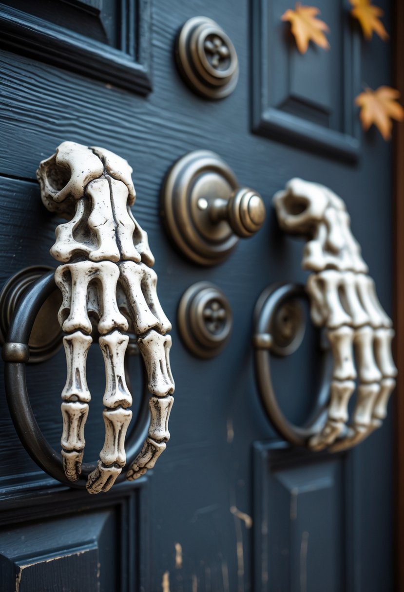 18 Halloween House Decorations To Transform Your Home This Spooky Season 11 Close-up of two skeleton hand door knockers on a wooden front door with Halloween decorations.