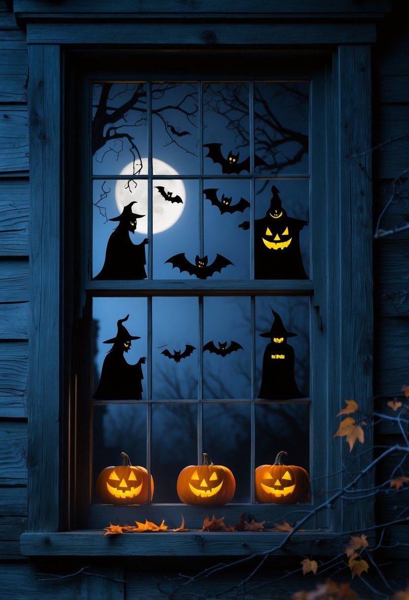 18 Halloween House Decorations To Transform Your Home This Spooky Season 12 A dark haunted house window with Halloween-themed silhouettes like witches, ghosts, and bats visible inside at night.