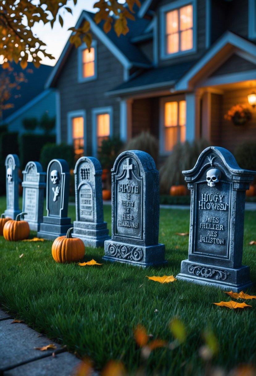 18 Halloween House Decorations To Transform Your Home This Spooky Season 14 A front yard with 18 Halloween tombstone decorations arranged in the grass near a house during twilight.