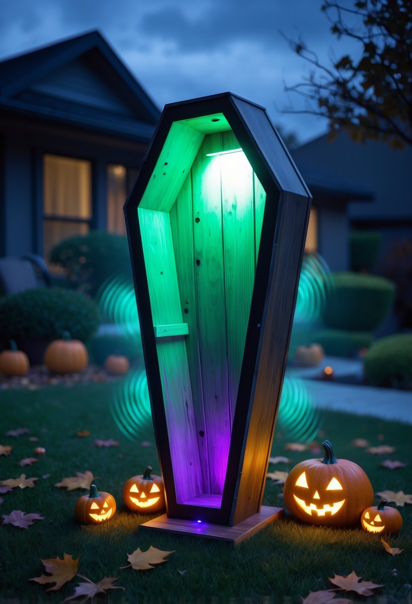 18 Halloween House Decorations To Transform Your Home This Spooky Season 17 A Halloween coffin prop in a front yard decorated with cobwebs, pumpkins, and autumn leaves, glowing with eerie colored lights and surrounded by fog.