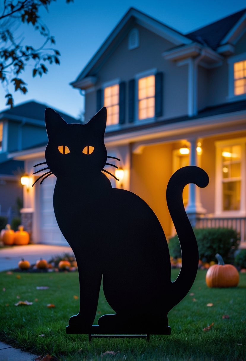 18 Halloween House Decorations To Transform Your Home This Spooky Season 18 A black cat silhouette Halloween decoration on a yard in front of a house at dusk.