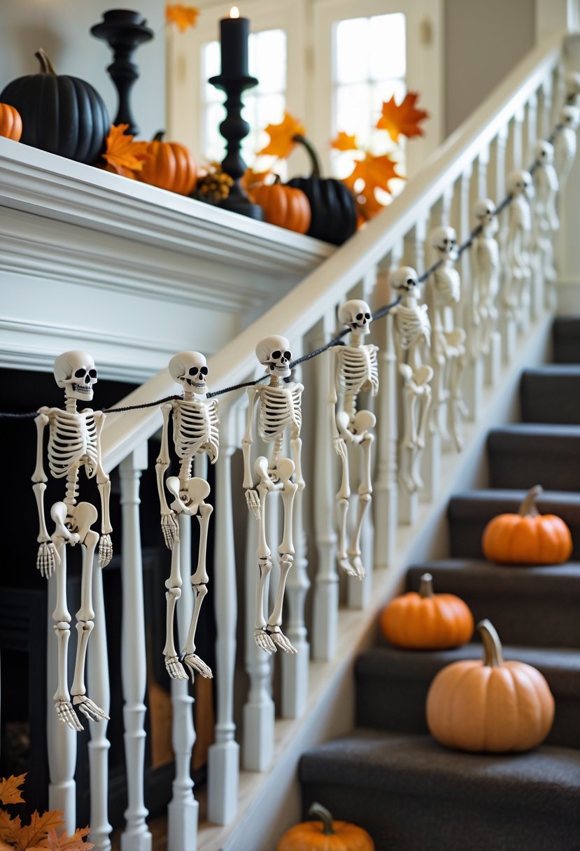 18 Halloween House Decorations To Transform Your Home This Spooky Season 19 Skeleton garland hanging on a mantel and staircase railing with Halloween decorations in a home.