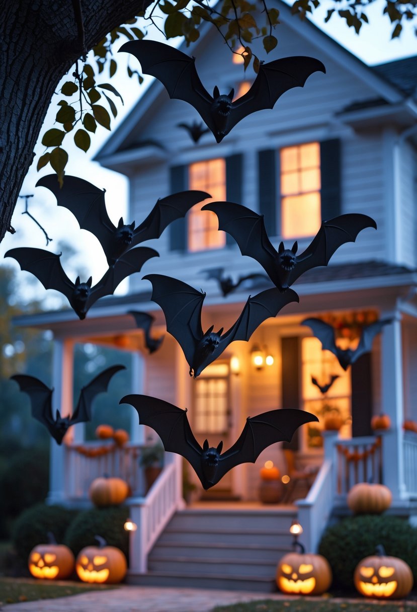 18 Halloween House Decorations To Transform Your Home This Spooky Season 20 A house decorated for Halloween with eighteen black bats hanging from tree branches and the porch, surrounded by pumpkins and cobwebs.