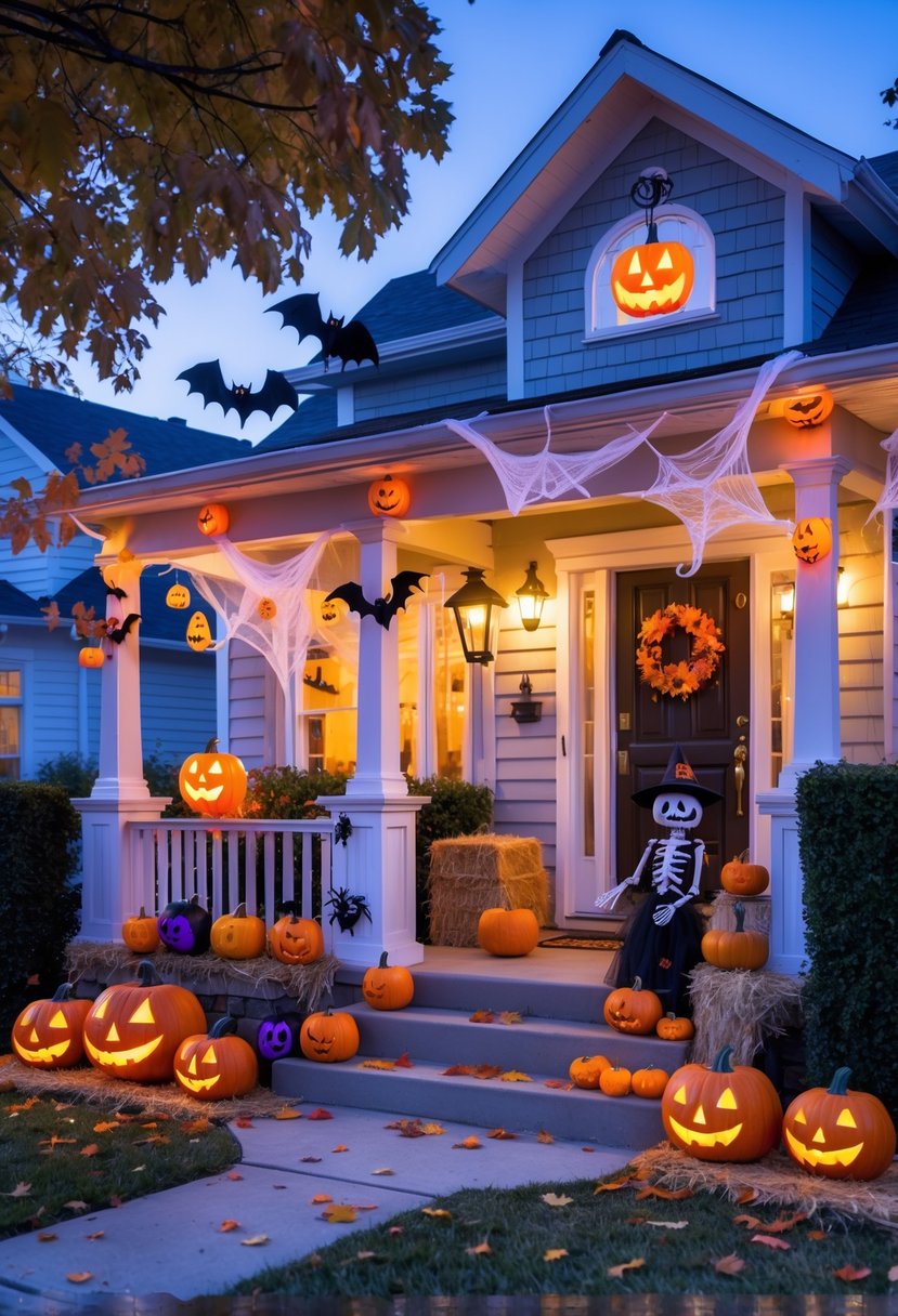 18 Halloween House Decorations To Transform Your Home This Spooky Season 21 A suburban house decorated with glowing pumpkins, ghost lanterns, cobwebs, and Halloween figures on the porch during twilight.