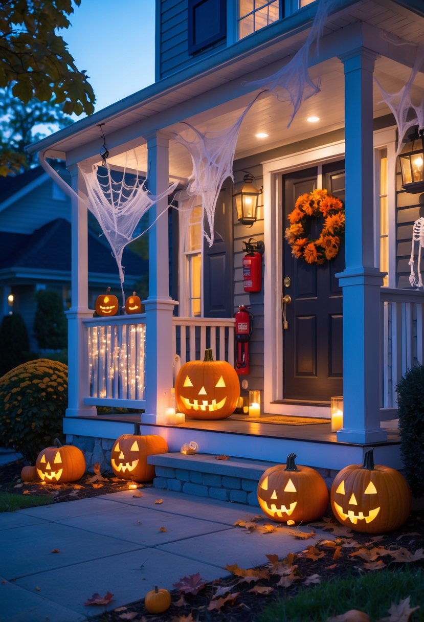 18 Halloween House Decorations To Transform Your Home This Spooky Season 22 A house decorated for Halloween with pumpkins, lights, and spider webs both inside and outside, showing a safe and tidy festive setup.
