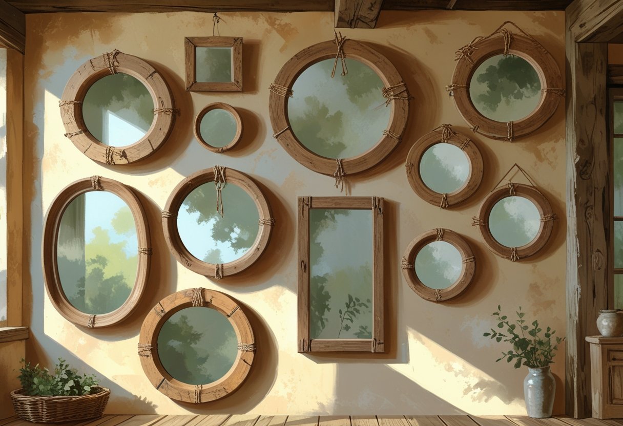 A collection of mirrors with wooden frames hanging on a wooden wall, showing different shapes and natural textures.