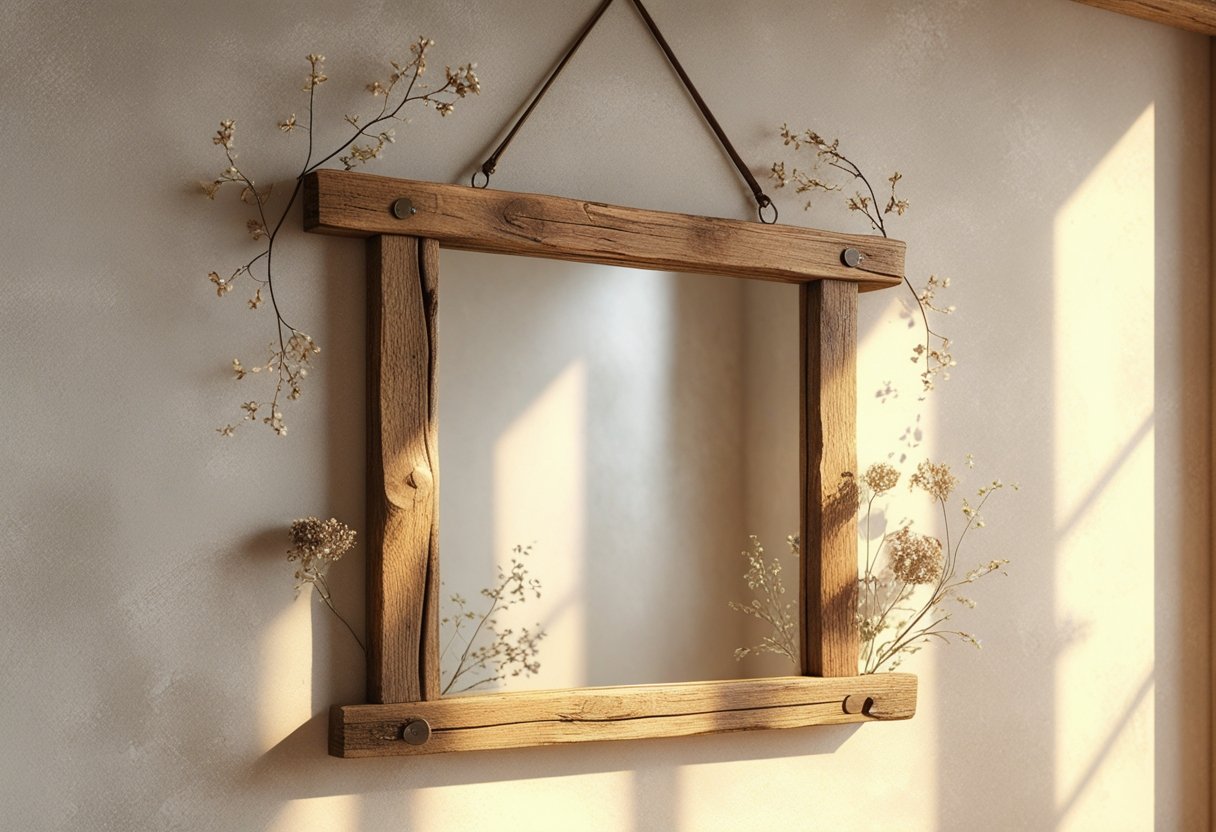 A mirror with a wooden frame hanging on a wooden wall, surrounded by dried flowers and small branches.