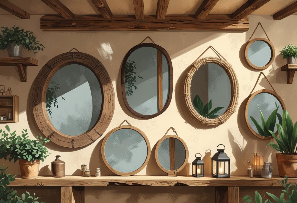 An interior scene featuring various mirrors with natural wooden frames arranged on a textured wall, surrounded by rustic decor and warm lighting.